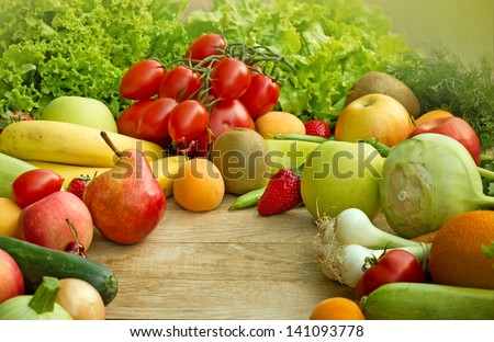 Raw fresh fruits and vegetables - organic food (vegan food)