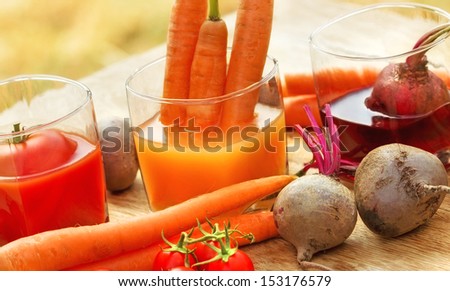Carrot juice, tomato juice and beet juice