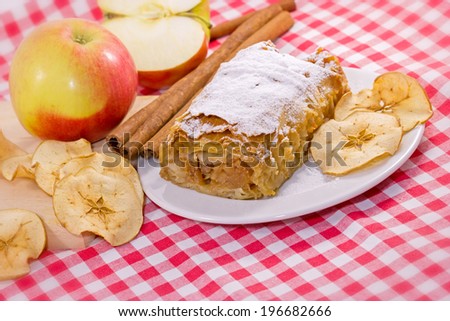Apple strudel - apple cake on white plate for dessert