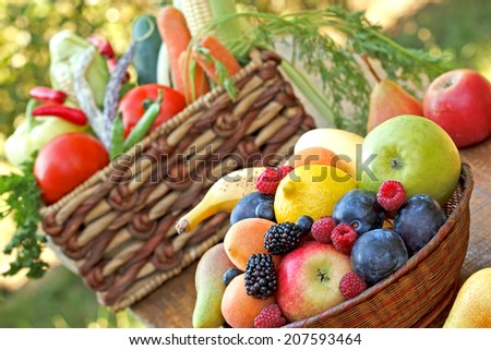 Fruit and vegetable in wicker baskets