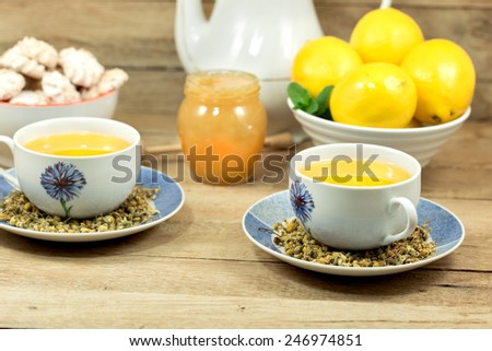Chamomile tea, lemon and honey