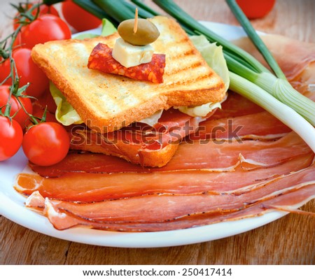 Sandwich with prosciutto and prosciutto on plate with cherry potatoes and onio