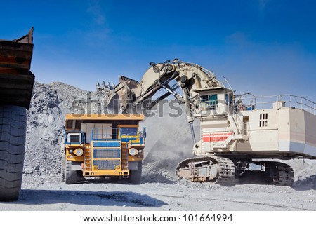 Loading the gold ore into heavy dump truck at the opencast mining