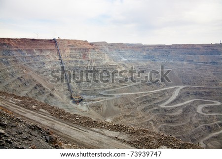 stock photo Open pit mine with ore conveyor