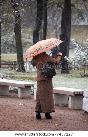 woman from the back with an umbrella in a winter park