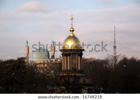 Orthodox church, Islamic mosque and television tower