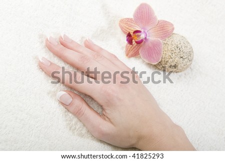Beautiful hands with healthy skin, nails and manicure and orchid flower