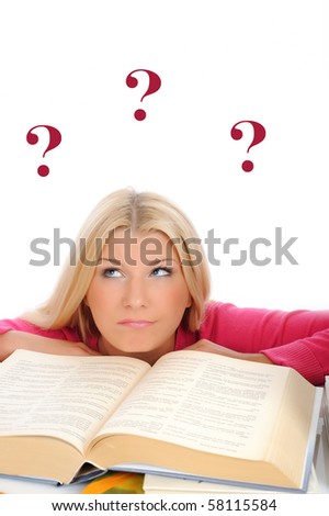 young pretty tired student girl with lots of books thinking. isolated on white background