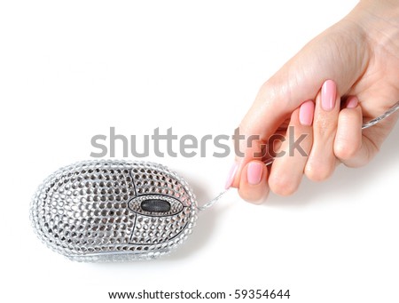 Beautiful woman\'s hand holding crystallized computer mouse pad. isolated on white background
