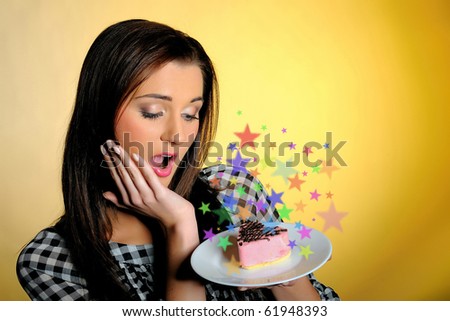 young beautiful girl with small sweet birthday cake surprised and emotional. yellow background
