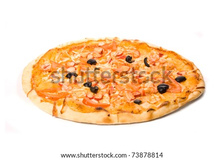 Pizza with sauce, cheese, ham, sausage, tomato, pork, mushrooms, jalapeno pepper
