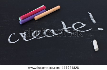 Words be creative written by white chalk on blackboard