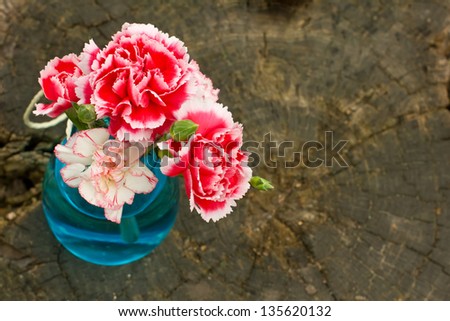 Bunch of fresh carnations in vase on wooden background. Selective focus.