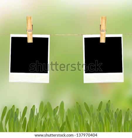Empty photo frame  tags on clothes line rope on garden background
