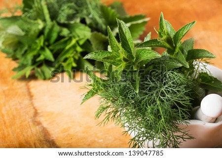 Fresh organic herbs  - mint,  fennel on wooden background. Selective focus.