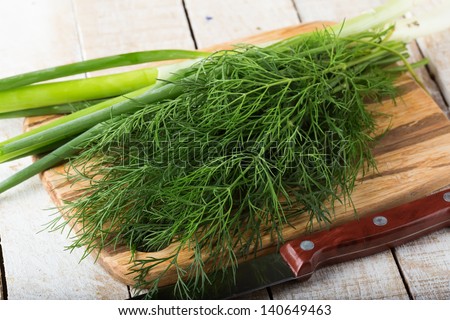 Fresh fennel and green onion on wooden board. Selective focus.