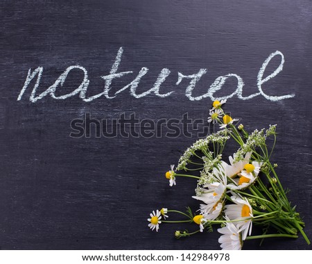 Wild flowers on blackboard with word natural. Concept natural/bio/organic/eco products.