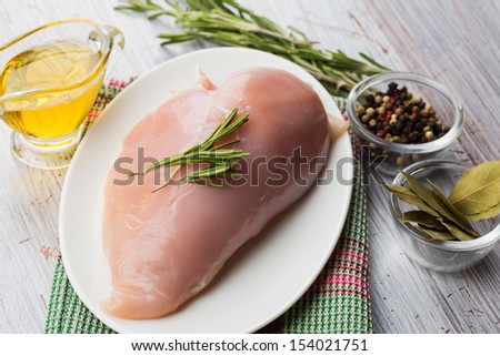 Fresh chicken meat  on white table with spices. Selective focus. Rustic style.