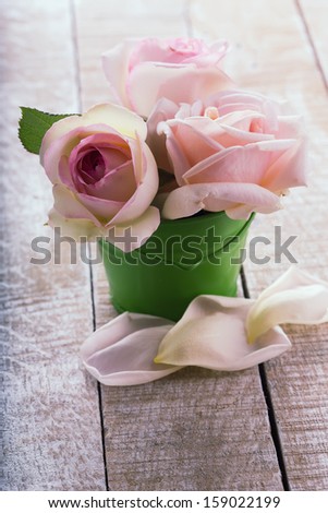 Postcard with fresh pastel roses in green bucket. Selective focus.