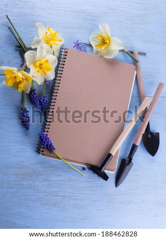 Notepad on wooden background with flowers daffodils and muscaries and garden tools.