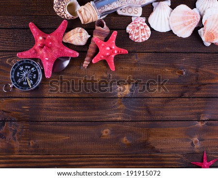 Marine items on wooden background. Sea objects on wooden planks. Selective focus. Top view, horizontal.
