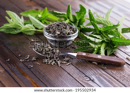 Dry herbal tea  on wooden background. Fresh mint. Selective focus, horizontal.