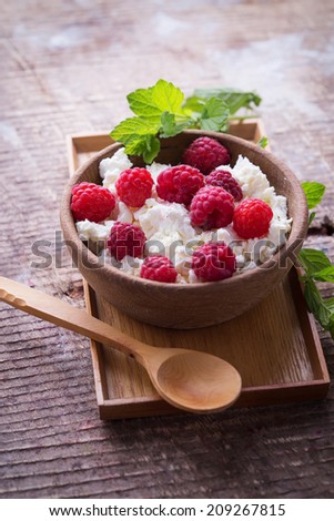 Cottage cheese with raspberry. Selective focus, horizontal.  Bio/organic/natural ingredients. Healthy eating.