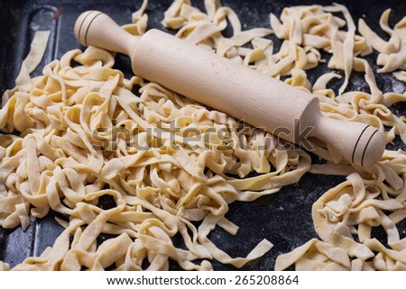 Homemade raw pasta . Making pasta. Selective focus.