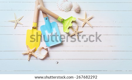 Garden tools for kids and sea object on white  painted wooden planks. Place for text. Vacation background. Toned image.