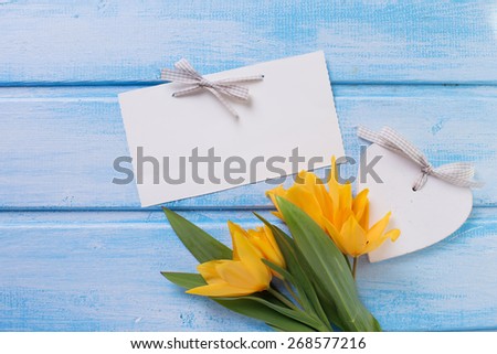 Postcard with fresh  spring yellow tulips, decorative heart and empty tag on blue painted wooden planks. Selective focus. Place for text.