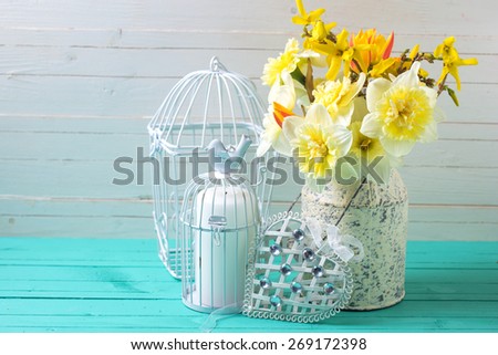 Fresh  spring yellow daffodils flowers, decorative bird cage and heart on turquoise  painted wooden planks against white wall. Selective focus. Place for text.