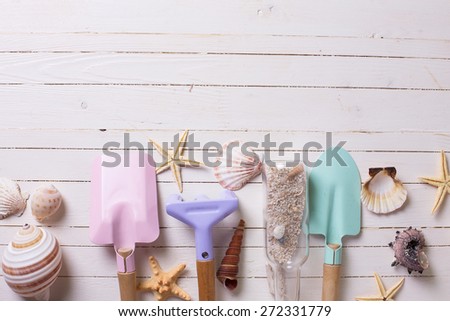 Tools for kids for playing in sand and sea objects on white  painted wooden background. Place for text. Vacation background.