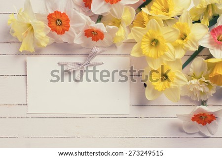 Border from colorful yellow, orange and white spring flowers and empty tag  on white  painted wooden planks. Selective focus. Place for text. Toned image.