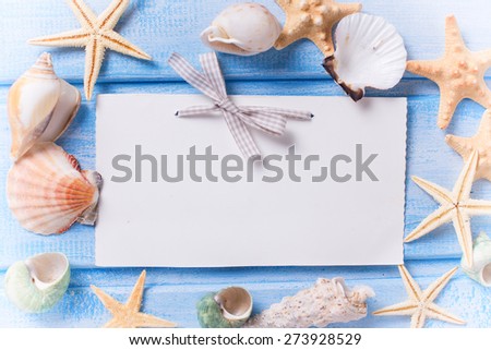 Empty tag and different marine items on  blue  painted wooden background. Sea objects on wooden planks. Selective focus. Place for text. Toned image.