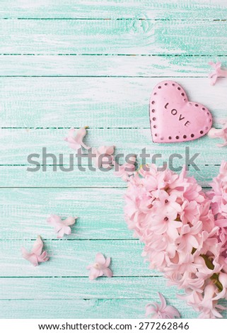Postcard with fresh flowers hyacinths  and decorative pink  heart on turquoise painted wooden planks. Selective focus. Place for text.
