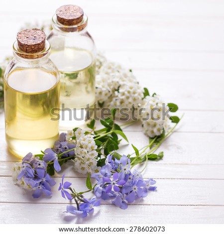 Essential aroma oil on  white painted wooden background. Selective focus. Place for text. Square image.