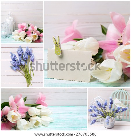 Collage with fresh spring flowers and candles on turquoise painted planks against white wall. Selective focus. Fresh tulips and muscaries with decorative  objects.