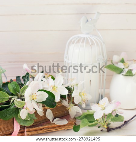 Postcard with apple blossom, decorative bird, old books and candles in decorative bird cages on white painted wooden planks. Selective focus. Square image.