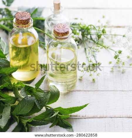 Essential aroma oil with mint  on white painted wooden background. Selective focus.  Square image.