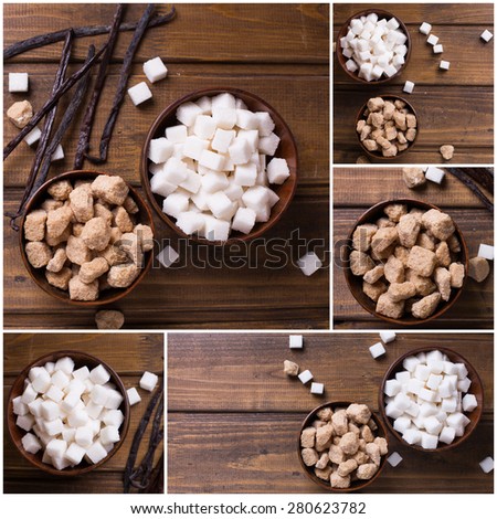 Collage from photos of white and brown  sugar cubes in bowls  and vanilla beans on dark wooden background. Selective focus.