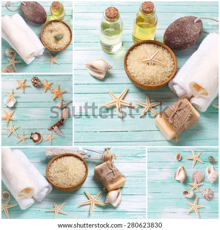 Collage from photos of spa or wellness setting. Sea salt in bowl, soap, aroma oil, pumice, towels and sea objects  on turquoise painted wooden planks. Selective focus.