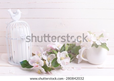 Postcard with tender apple blossom and candle in decorative bird cage in ray of light on white painted wooden background. Selective focus.