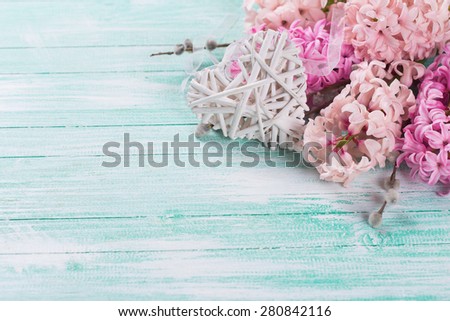 Postcard with fresh pink hyacinths  and  decorative heart  on  turquoise painted wooden background. Selective focus is on heart. Place for text.