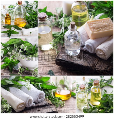 Collage from photos with spa or wellness setting. Essential aroma oil, towels, soap on aged  wooden background. Selective focus.
