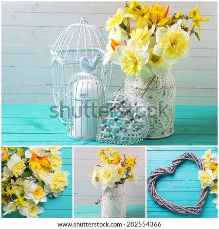 Collage with  spring yellow daffodils flowers, decorative bird cage and heart on turquoise  painted wooden planks against white wall. Selective focus.