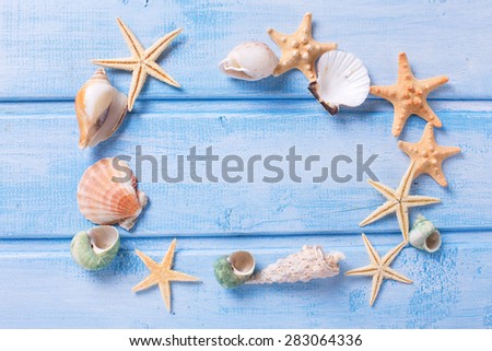 Different marine items  in form of frame on  blue painted wooden background. Sea objects on wooden planks. Selective focus. Place for text.