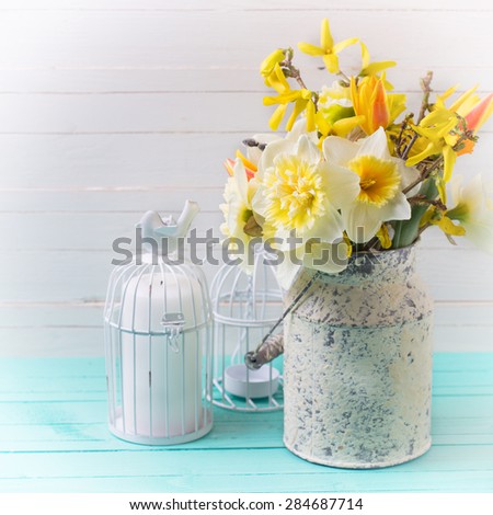 Background with fresh  spring yellow daffodils flowers and candle  on turquoise  painted wooden planks against white wall. Selective focus. Square image.