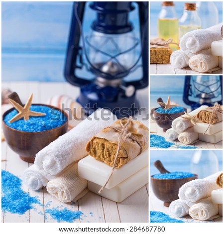Collage with  wellness photos. Spa setting with soap, towels, sea salt on white  painted wooden boards. Selective focus.