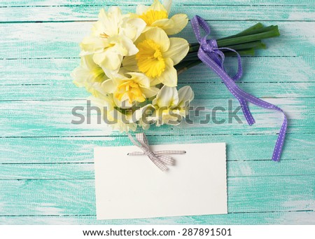 Bunch of fresh  spring yellow narcissus  flowers and empty tag  on turquoise painted wooden planks. Selective focus. Place for text. Toned image.