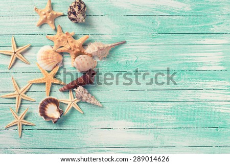 Marine items on turquoise painted wooden background. Sea objects on wooden planks. Selective focus. Toned image.